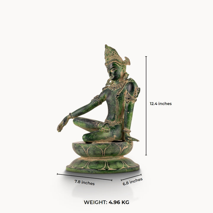 Verdigris finish seated bodhisattva or devi on lotus base