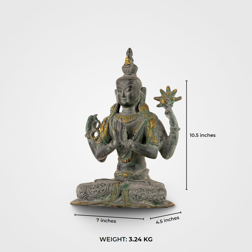 Handcrafted verdigris metal Bodhisattva decor sitting in padmasana for a private study or zen space.