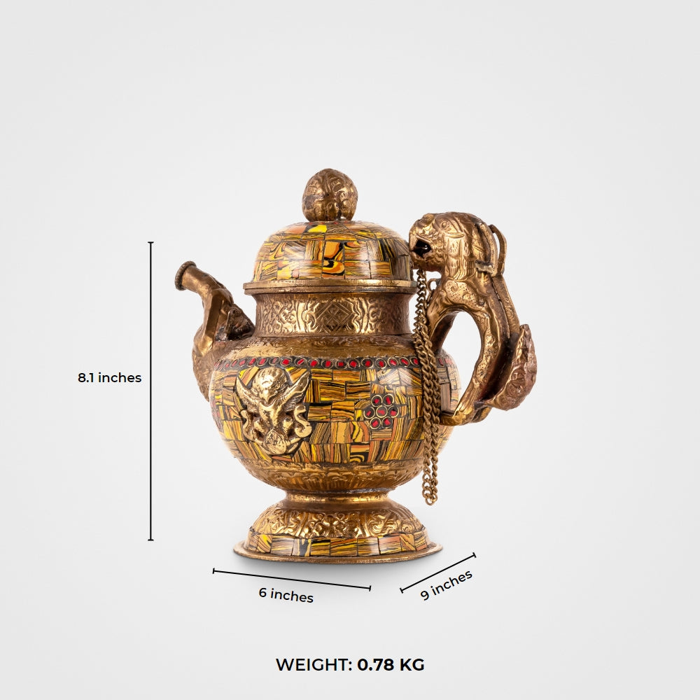 Brass & Inlay Composite Ornate Ceremonial Teapot with Lion Handle