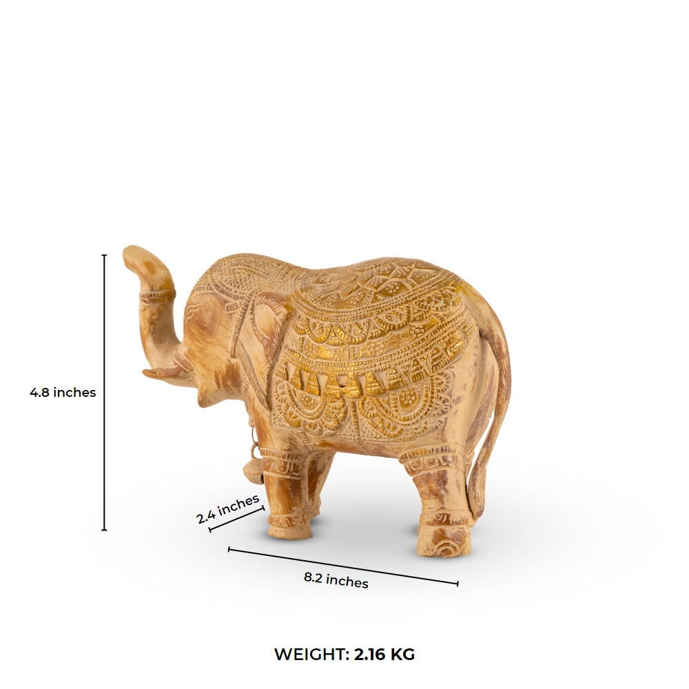 Carved Wood Etched Elephant with Trunk Raised