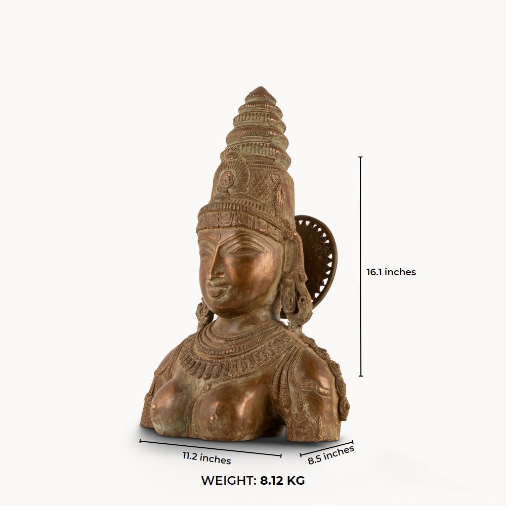 Antique Brass Devi Bust commanding attention with its muted aesthetic on a design-led bookshelf. 