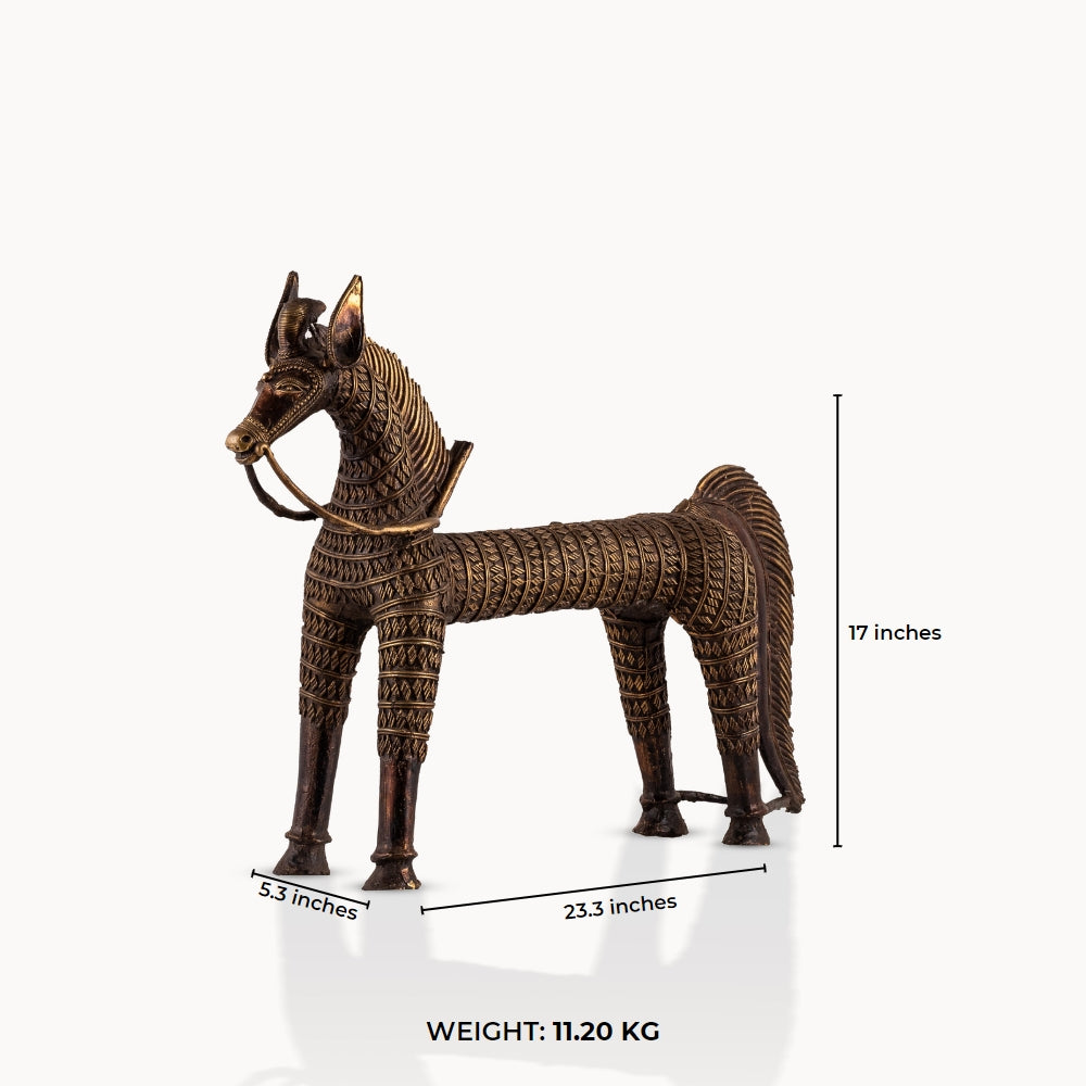 Monumental Antique Brass Horse Sculpture standing rigidly on a reclaimed wood console. 