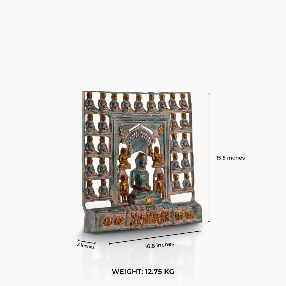Verdigris Brass Tirthankara Panel surrounded by miniature deities on an east-facing puja altar