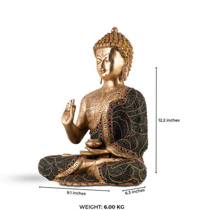 Premium Tibetan meditation idol showing the Abhaya mudra with lapis accents for a quiet study or mindful workspace decor