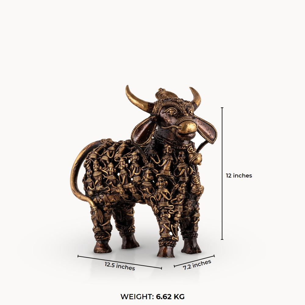 Dhokra Brass Bull Sculpture featuring an openwork matrix for an executive office credenza. 