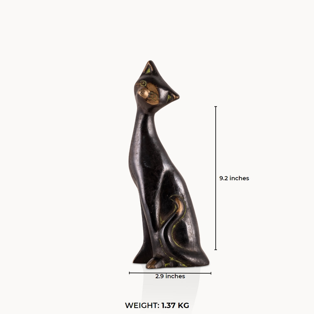 Stylized Black Brass Cat Sculpture: The Obsidian Sentinel