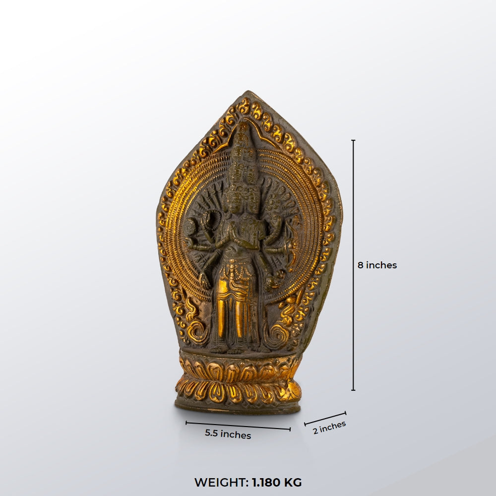 11-Headed Brass Avalokiteshvara Statue standing upright on a west-facing meditation altar. 
