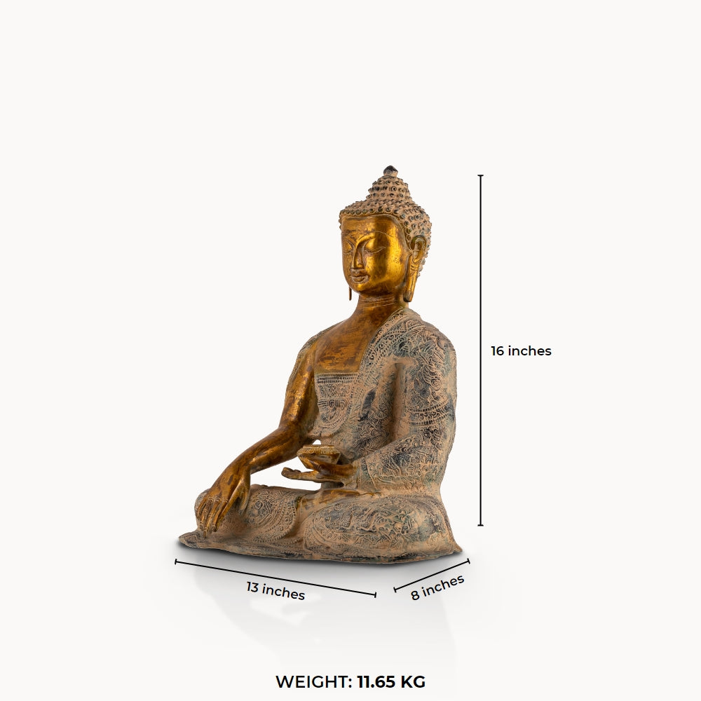 Patterned Brass Bhumisparsha Buddha Statue touching the earth for a sunlit atrium. 