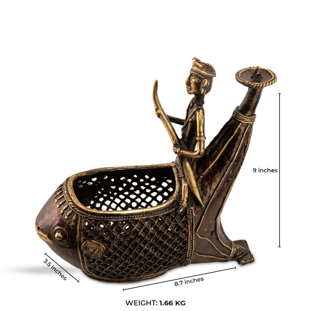 Tribal metal river vessel detailed with open-weave hull and a stylized boatman for a living room windowsill or traditional festive lighting.