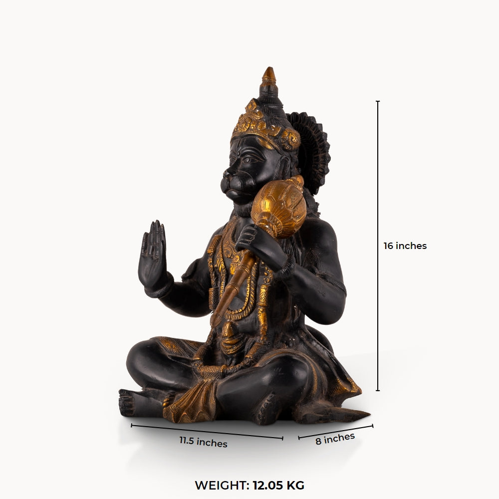 Dark Oxidized Brass Hanuman Statue holding a golden mace for an east-facing puja altar.